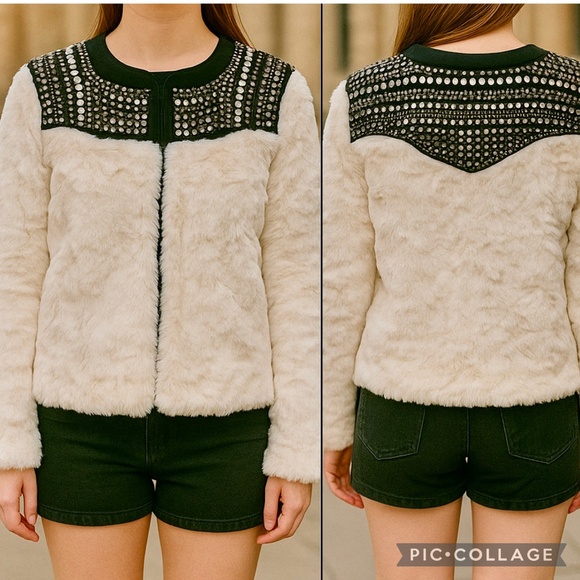 Embellished Faux Fur Statement Chic Cream & Black Teddy Jacket – Size L - Picture 16 of 16